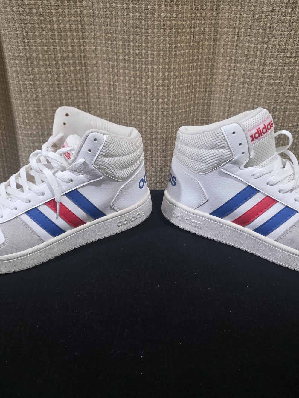 adidas White High-Top Sneakers with Blue & Pink Stripes